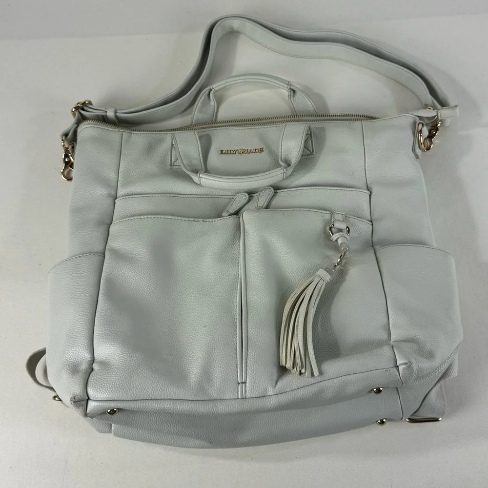 Lily Jade Caroline Convertible Vegan Leather Tote Diaper Bag Stone & Gold